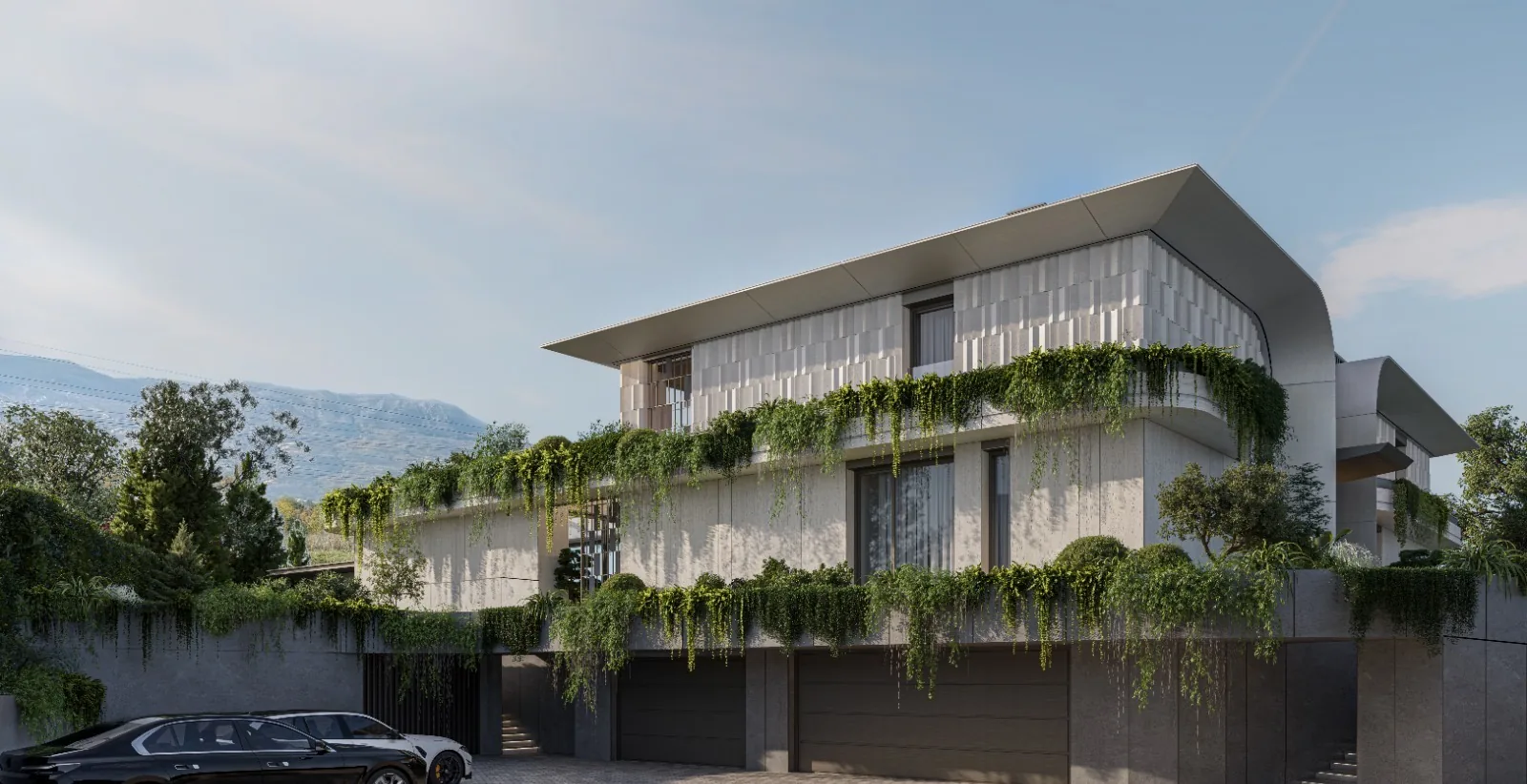 Multi-story residence with cascading greenery, concrete facade, and integrated garage.