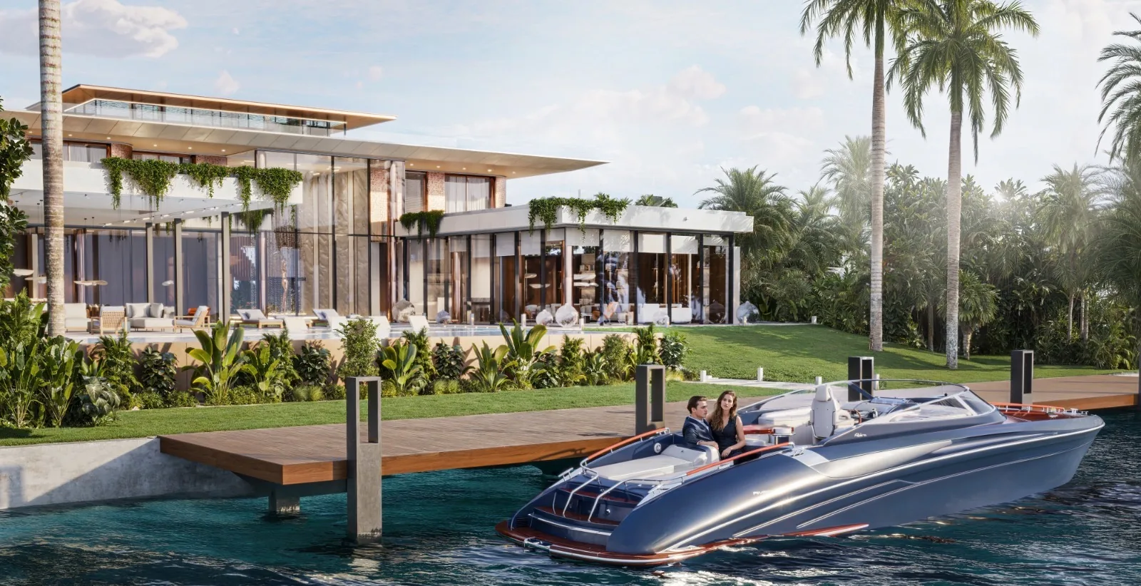 Waterfront home with outdoor living space, private dock, and moored access under palms.