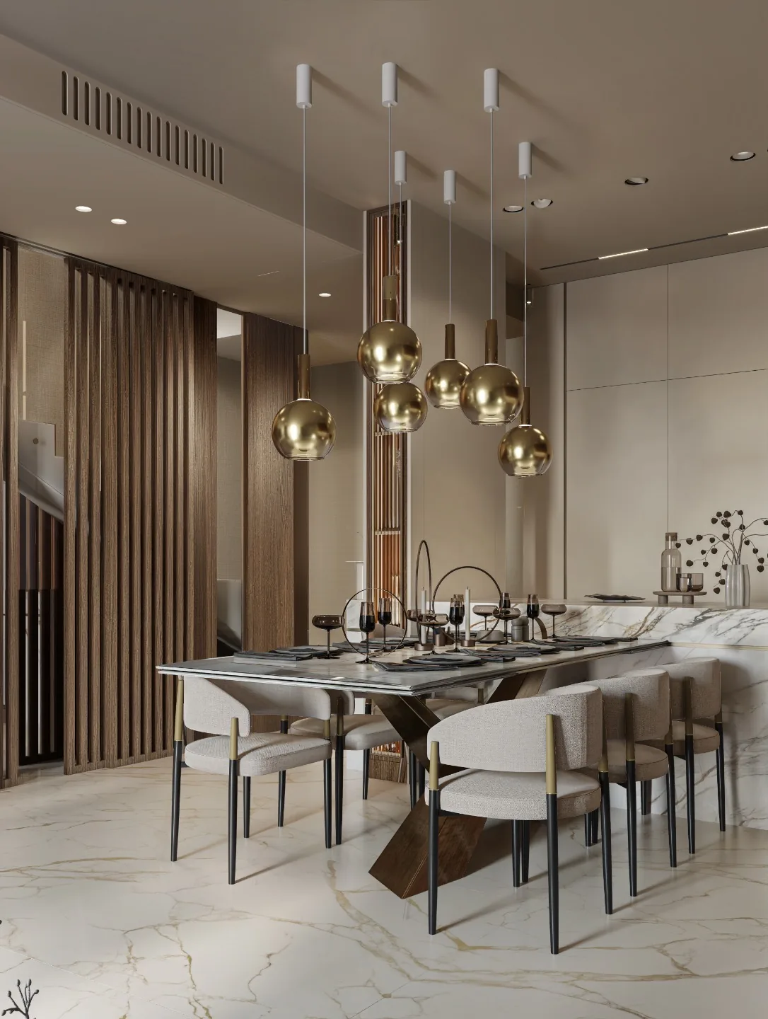 Marble dining table, brass pendants, custom wood paneling.