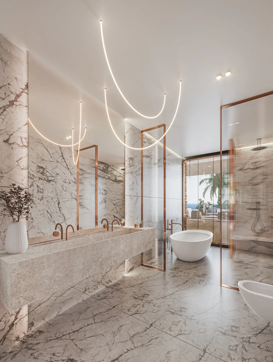 Marble finishes with curved neon lighting, freestanding tub, and dual vanity.