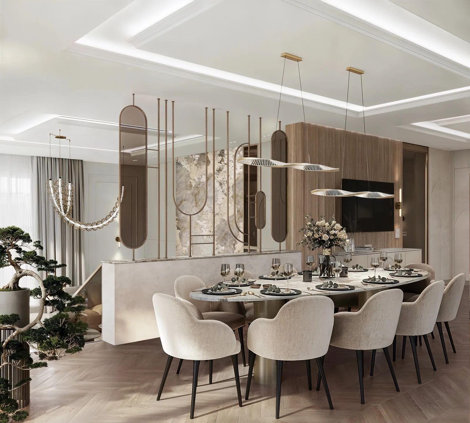 Oval dining table, cream chairs, pendant lights, and wood accent wall.
